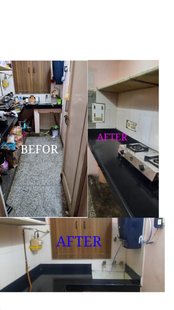 itchen Full Deep Cleaning Services
Items removal
Removal of all items from cabinets and drawers
Cleaning of all areas & surfaces
Removal of dirt, deposits and stains from windows, floors, slabs, countertops
Superior stain removal
Removal of stains from wall tiles, sink, fittings, stove, exhaust/ceiling fan
Cabinet & trolley cleaning
Removal of dust and deposits from modular drawers, cupboards, shelves
Chimney & appliance cleaning (if selected)
Removal of dirt, deposits, stains from the exteriors and interiors of chimney and other appliances
Hard-to-reach spots
Cleaning areas under the sink, behind the refrigerator, microwave and spaces between furniture
Finishing touch
Drying up the kitchen and restocking utensils